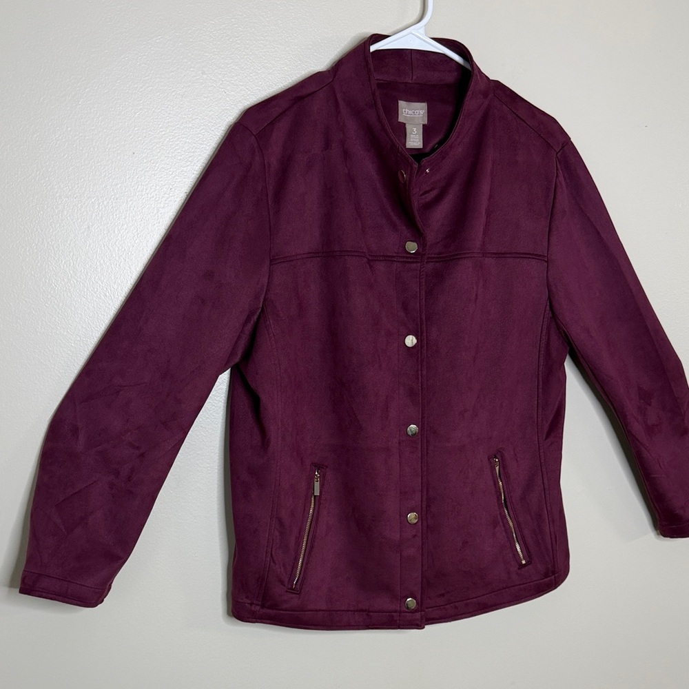 Chico’s Size 3 (XL/1X) Burgundy Moto Jacket Zip Pockets Stretch Blazer Plus - Picture 4 of 12